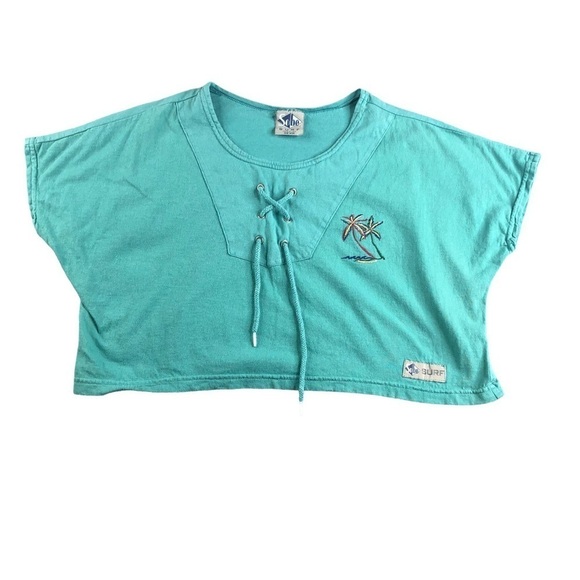 VTG Sobe Surf Womens Green Lace Up Crop Top, Beach Cover, One Size, Tropical - Picture 1 of 9